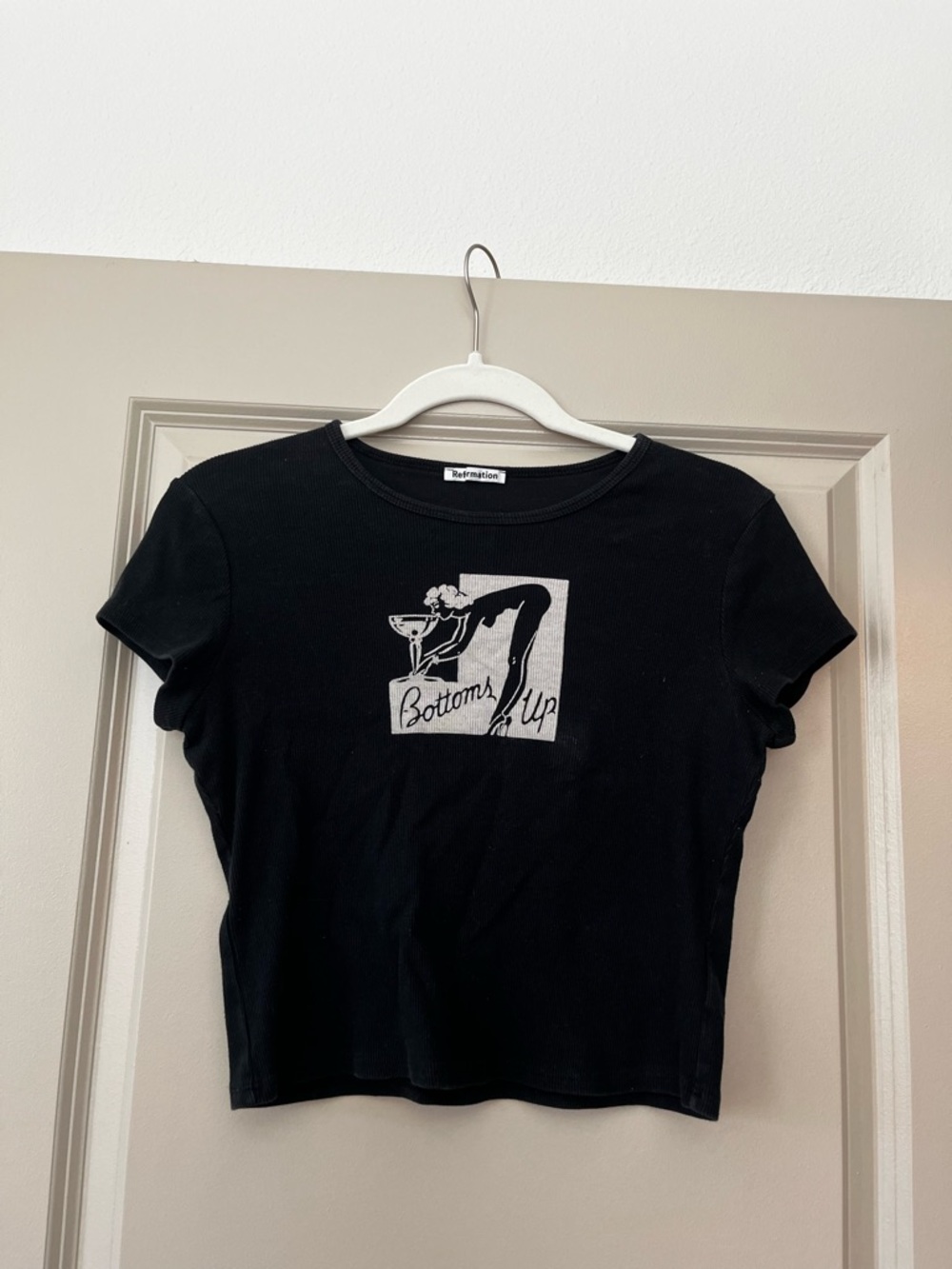 Reformation Black Short Sleeve Graphic Tee with White 'Bottoms Up' Print